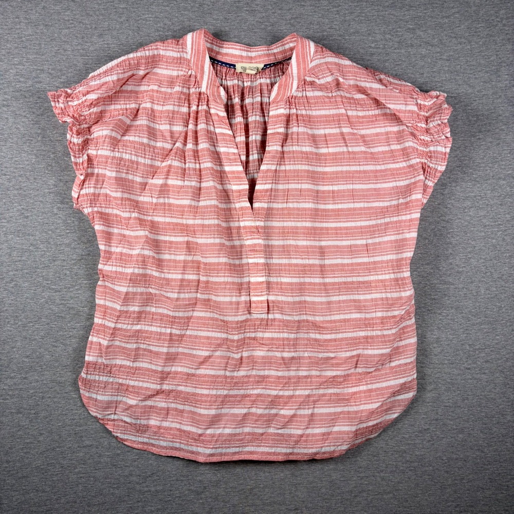 Pilcro Top Womens XS Pink Striped Short Sleeve Smocked Waist Blouse Split Neck